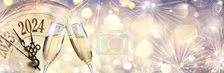 Téléchargez les photos : 2024 Bonne année - Célébration avec Champagne et horloge - Or abstrait déconcentré Bokeh Lumières - en image libre de droit