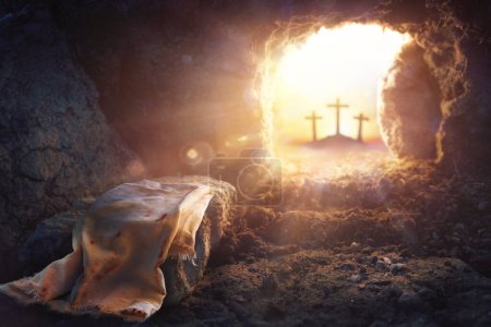 Photo for Resurrection Of Jesus Christ - Empty Tomb - Focus On Shroud And Defocused Crosses On Background With flare Lights Effects - Royalty Free Image