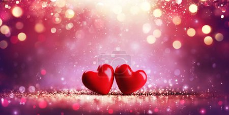 Téléchargez les photos : Saint-Valentin - Coeurs rouges sur scintillement brillant et lumières abstraites déconcentrées - en image libre de droit