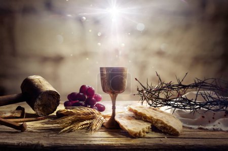Photo for Last Supper Of Jesus With Passion Objects - Communion And Calvary - Holy Grail And Bread With Crown Of Thorns - Royalty Free Image