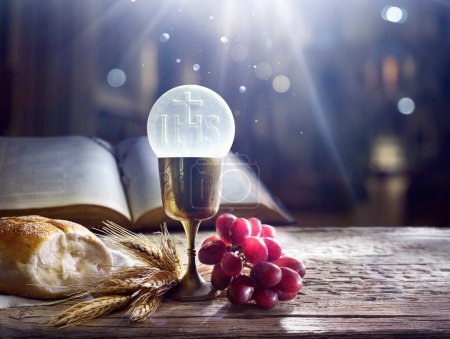 Photo for Communion - Holy Grail With Corpus Christi And Bible - Ears Wheat And Grapes With Chalice For Eucharist sacrament - Last Supper for Holy Mass - Royalty Free Image