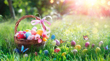 Téléchargez les photos : Œufs de Pâques Dans le panier sur l'herbe avec des papillons et des lumières Bokeh abstraites - en image libre de droit