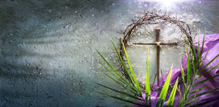 Photo for Lent - Crown Of Thorns and Cross With Purple Robe On Ash - Palm Leaves And Bloody Spikes For Penitence Concept With Abstract Sunlight - Royalty Free Image