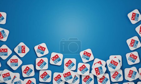 Téléchargez les photos : Melitopol, Ukraine - 21 novembre 2022 : Icône du logo Pizza de Domino isolée sur fond de couleur. Domino est la deuxième plus grande chaîne de pizza aux États-Unis et la plus grande au monde. - en image libre de droit