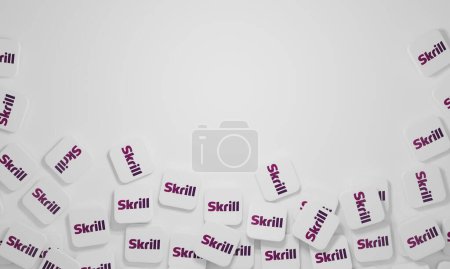 Foto de Melitopol, Ucrania - 21 de noviembre de 2022: Skrill logo icon isolated on color background. Skrill es una compañía financiera que ofrece servicios de transferencia de dinero en línea y pagos digitales. - Imagen libre de derechos