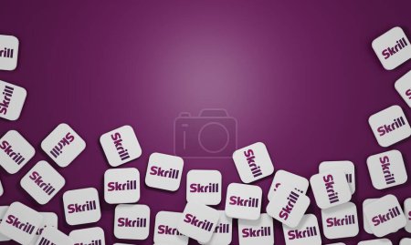 Foto de Melitopol, Ucrania - 21 de noviembre de 2022: Skrill logo icon isolated on color background. Skrill es una compañía financiera que ofrece servicios de transferencia de dinero en línea y pagos digitales. - Imagen libre de derechos