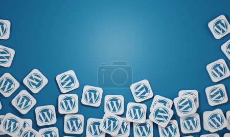 Foto de Melitopol, Ucrania - 21 de noviembre de 2022: Wordpress logo icon isolated on color background. WordPress es una herramienta de blogging libre y de código abierto y un sistema de gestión de contenidos CMS. - Imagen libre de derechos
