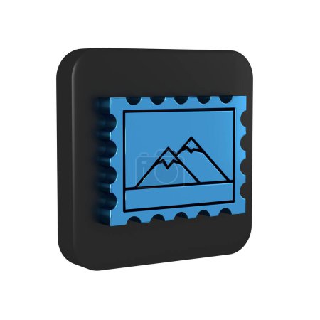 Téléchargez les photos : Timbre postal bleu et icône Montagnes isolées sur fond transparent. Bouton carré noir.. - en image libre de droit