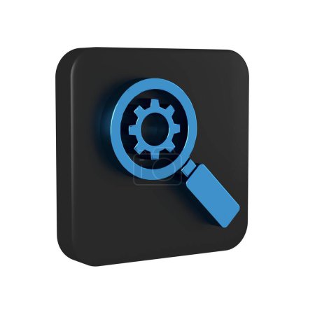 Photo for Blue Magnifying glass and gear icon isolated on transparent background. Search gear tool. Business analysis symbol. Black square button.. - Royalty Free Image
