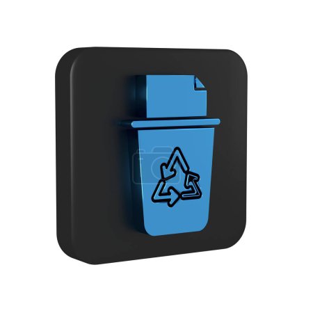 Papelera de reciclaje azul con icono de símbolo de reciclaje aislado sobre fondo transparente. Icono de bote de basura. Cartel de basura. Reciclar signo de cesta. Botón cuadrado negro..