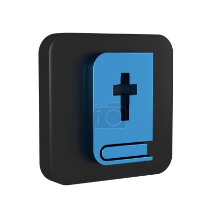 Téléchargez les photos : Icône bleue du livre de la Sainte Bible isolée sur fond transparent. Bouton carré noir.. - en image libre de droit