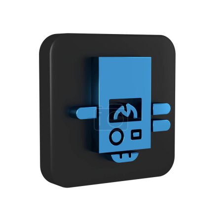 Blue Gas boiler with a burning fire icon isolated on transparent background. Black square button. .