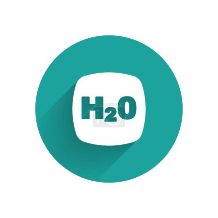 Illustration for White Chemical formula for water drops H2O shaped icon isolated with long shadow background. Green circle button. Vector. - Royalty Free Image