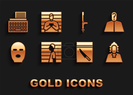 Illustration for Set Suspect criminal Anonymous with question mark Judge Evidence bag and knife Thief mask Police rubber baton Retro typewriter and icon. Vector. - Royalty Free Image