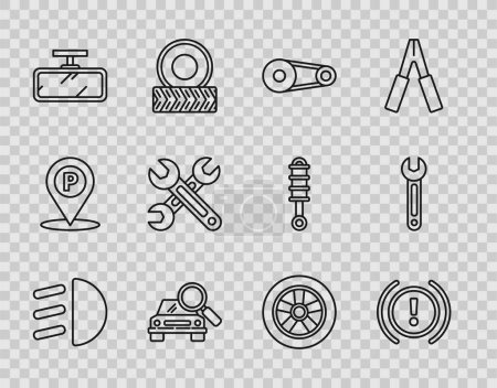 Illustration for Set line High beam Brake system warning Timing belt kit Car search mirror Wrench wheel and icon. Vector. - Royalty Free Image