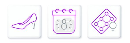 Illustration for Set line Packaging of birth control pills Woman shoe and Calendar with 8 March icon. Vector. - Royalty Free Image