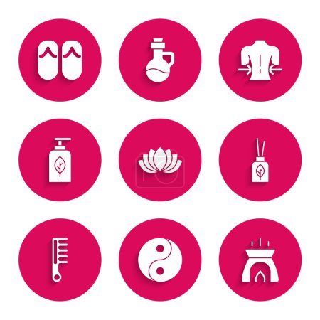 Set Lotusblume, Yin Yang, Duftkerze, Diffusor, Haarbürste, ätherische Ölflasche, Massage- und Flip-Flops-Symbol. Vektor
