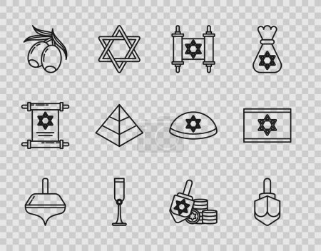 Ilustración de Establezca la línea Hanukkah dreidel, el pergamino de la Torá, la copa judía, la rama de los Olivos, las pirámides de Egipto y la moneda y el icono de la Bandera de Israel. Vector - Imagen libre de derechos