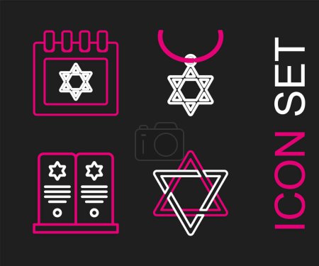 Illustration for Set line Star of David, Tombstone with star david, necklace chain and Jewish calendar icon. Vector - Royalty Free Image