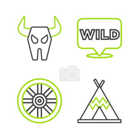 Téléchargez les illustrations : Set line tipi indien ou wigwam, vieille roue en bois, pointeur vers l'ouest sauvage et icône du crâne de Buffalo. Vecteur - en licence libre de droit
