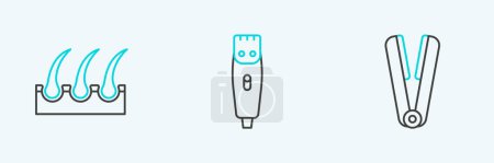 Illustration for Set line Curling iron for hair, Human follicle and Hair clipper icon. Vector - Royalty Free Image