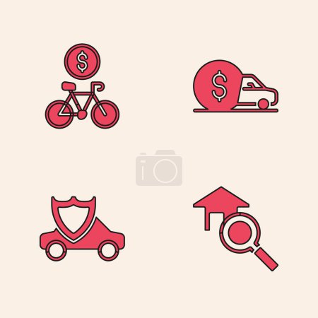 Téléchargez les illustrations : Set Recherche maison, Location de vélos application mobile, Voiture et avec icône de bouclier. Vecteur - en licence libre de droit