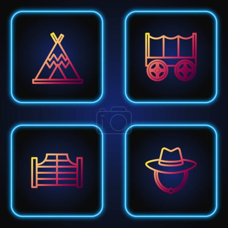 Illustration for Set line Western cowboy hat, Saloon door, Indian teepee wigwam and Wild west covered wagon. Gradient color icons. Vector - Royalty Free Image