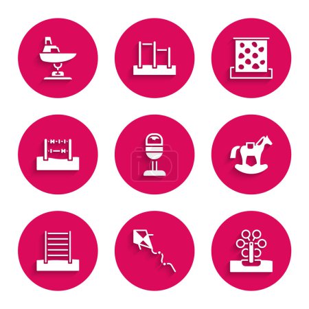 Illustration for Set Trash can, Kite, Ferris wheel, Horse in saddle swing, Swedish wall, Abacus, Climbing and Swing boat icon. Vector - Royalty Free Image