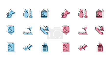 Illustration for Set line X-ray shots, Dog in wheelchair, Guide dog, Intercom, Treadmill machine, Disabled elevator,  and Syringe icon. Vector - Royalty Free Image