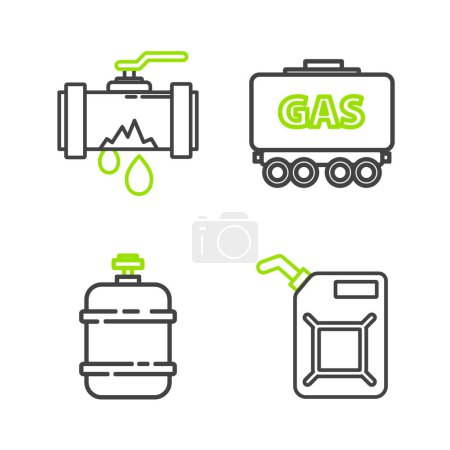 Ilustración de Set line Bote para gasolina Depósito de propano Cisterna ferroviaria de gas y tubería de metal roto con fugas icono de agua. Vector. - Imagen libre de derechos