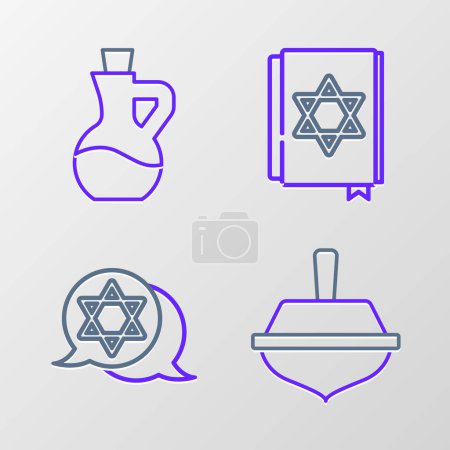 Illustration for Set line Hanukkah dreidel, Star of David, Jewish torah book and Bottle olive oil icon. Vector - Royalty Free Image