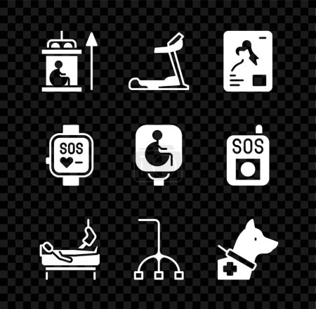 Illustration for Set Elevator for disabled Treadmill machine X-ray shots Patient with broken leg Walking stick cane Guide dog Smart watch and Disabled wheelchair icon. Vector. - Royalty Free Image