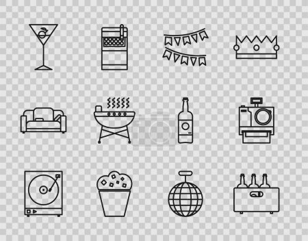Illustration for Set line Vinyl player with a vinyl disk Bottles of wine wooden box Carnival garland flags Popcorn cardboard Martini glass Barbecue grill Disco ball and Photo camera icon. Vector. - Royalty Free Image