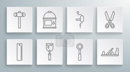 Illustration for Set line Ruler Paint bucket Putty knife Wrench spanner Wood plane tool Hand drill Scissors and Sledgehammer icon. Vector. - Royalty Free Image