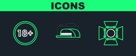 Illustration for Set line Movie spotlight Under 18 years and Cap with inscription director icon. Vector. - Royalty Free Image