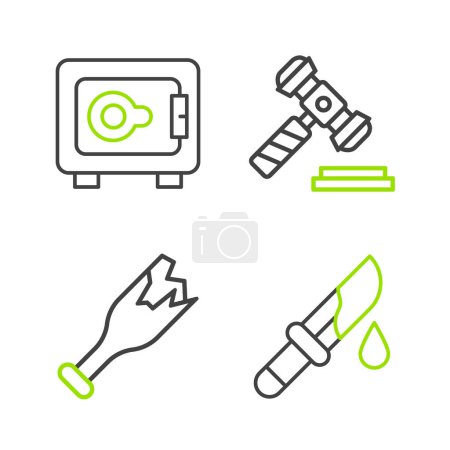 Illustration for Set line Bloody knife Broken bottle as weapon Judge gavel and Safe icon. Vector. - Royalty Free Image