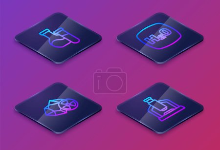 Illustration for Set Isometric line Test tube Radioactive Chemical formula H2O and Microscope. Blue square button. Vector. - Royalty Free Image