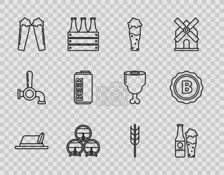 Illustration for Set line Oktoberfest hat, Beer bottle and glass, Glass of beer, Wooden barrel on rack with stopcock, can, Cereals set rice, wheat, corn, oats, rye, barley and Bottle cap inscription icon. Vector - Royalty Free Image