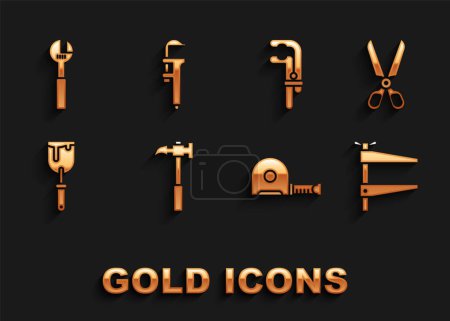 Illustration for Set Claw hammer Scissors Clamp tool Roulette construction Putty knife Adjustable wrench and Calliper caliper and scale icon. Vector. - Royalty Free Image