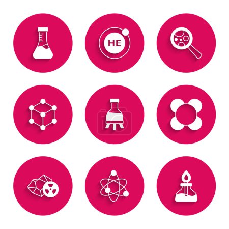 Illustration for Set Test tube, Atom, Alcohol or spirit burner, Molecule, Radioactive, Microorganisms under magnifier and  icon. Vector - Royalty Free Image