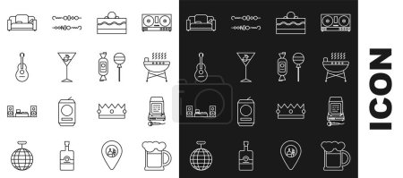 Illustration for Set line Wooden beer mug, Karaoke, Barbecue grill, Cake, Martini glass, Guitar, Sofa and Lollipop icon. Vector - Royalty Free Image