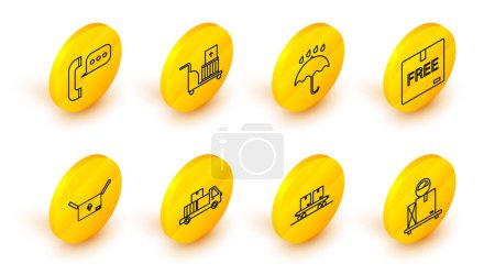 Illustration for Set line Scale with cardboard box, Railway carriage, Delivery truck boxes, Cardboard traffic symbol, free, Umbrella and rain drops, Electric hand and Telephone speech bubble chat icon. Vector - Royalty Free Image