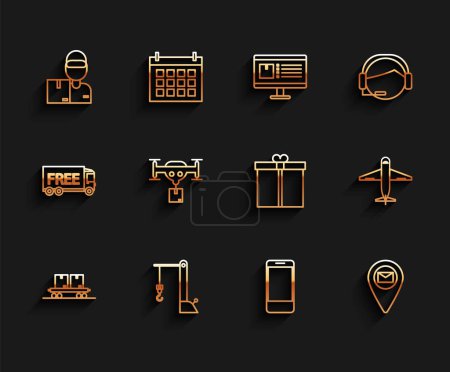 Ilustración de Set line Railway carriage, Harbor port crane, Delivery man with cardboard boxes, Mobile phone app delivery tracking, Placeholder map paper, drone the package, Plane and Gift icon. Vector - Imagen libre de derechos