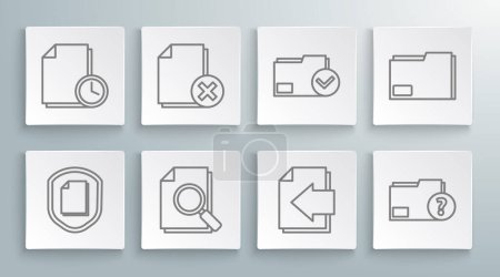 Illustration for Set line Document protection concept, Delete file document, with search, Next page arrow, Unknown folder, and check mark,  and clock icon. Vector - Royalty Free Image
