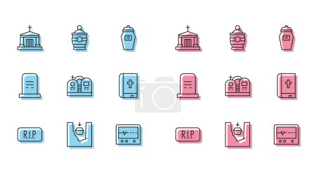 Illustration for Set line Speech bubble rip death, Coffin in grave, Old crypt, Beat dead monitor, Grave with tombstone, Holy bible book,  and Funeral urn icon. Vector - Royalty Free Image