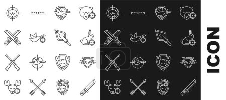 Illustration for Set line Hunter knife Deer antlers on shield rabbit with crosshairs Flying duck Crossed hunter bear and Hipster arrow tip icon. Vector. - Royalty Free Image