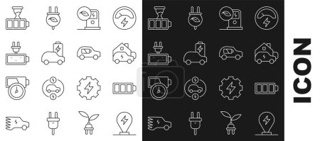 Illustration for Set line Charging parking electric car Battery charge home Electric charging station and icon. Vector. - Royalty Free Image