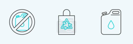 Illustration for Set line Canister for gasoline No canister and Plastic bag with recycle icon. Vector. - Royalty Free Image