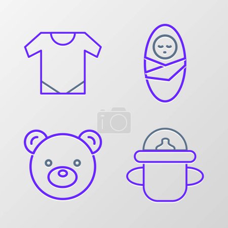 Téléchargez les illustrations : Set line Baby bottle Teddy bear plush toy Newborn baby infant swaddled and onesie icon. Vector. - en licence libre de droit