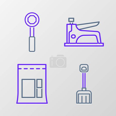 Set line Snow shovel Cement bag Construction stapler and Wrench spanner icon. Vector.